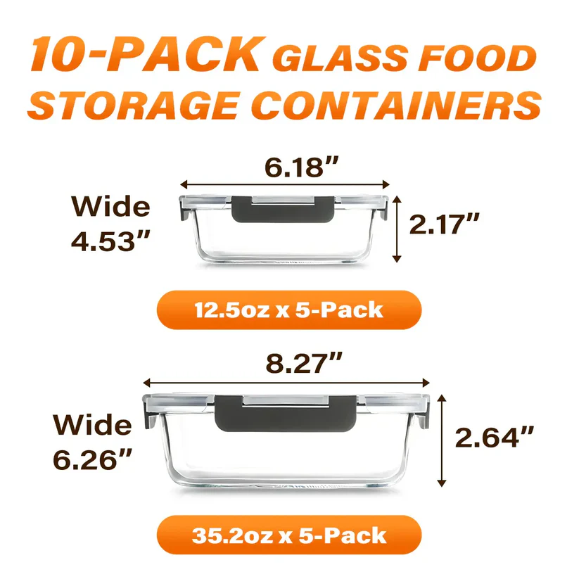 10 Pack BPA-Free GlassFood Storage ContainersLeak Proof Lids