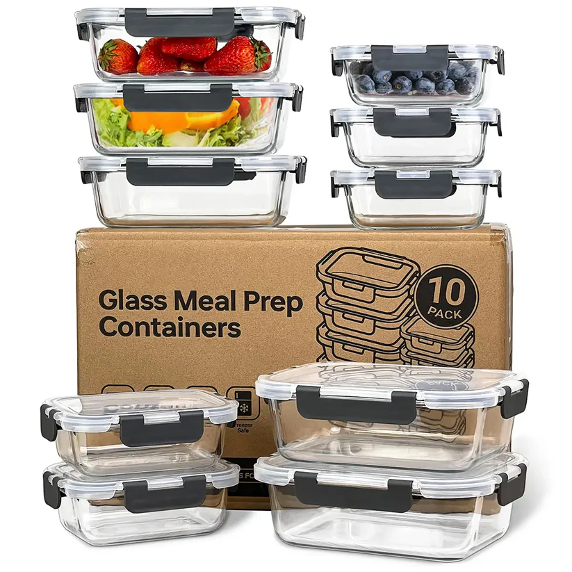 10 Pack BPA-Free GlassFood Storage ContainersLeak Proof Lids