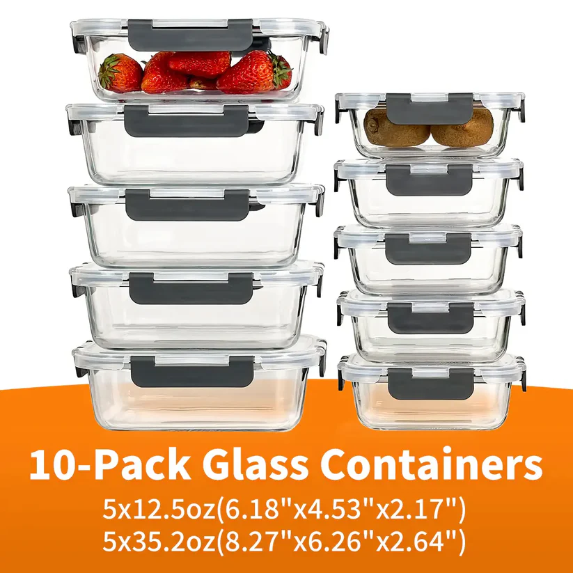10 Pack BPA-Free GlassFood Storage ContainersLeak Proof Lids