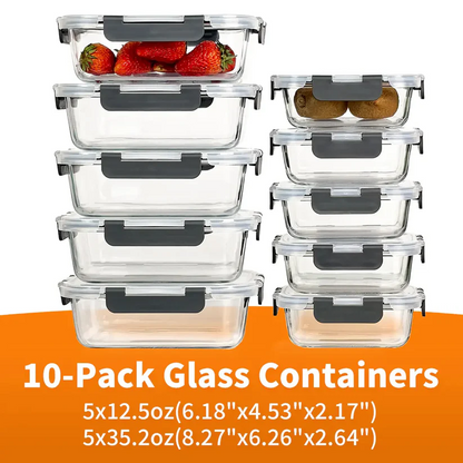 10 Pack BPA-Free GlassFood Storage ContainersLeak Proof Lids