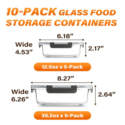 10 Pack BPA-Free GlassFood Storage ContainersLeak Proof Lids