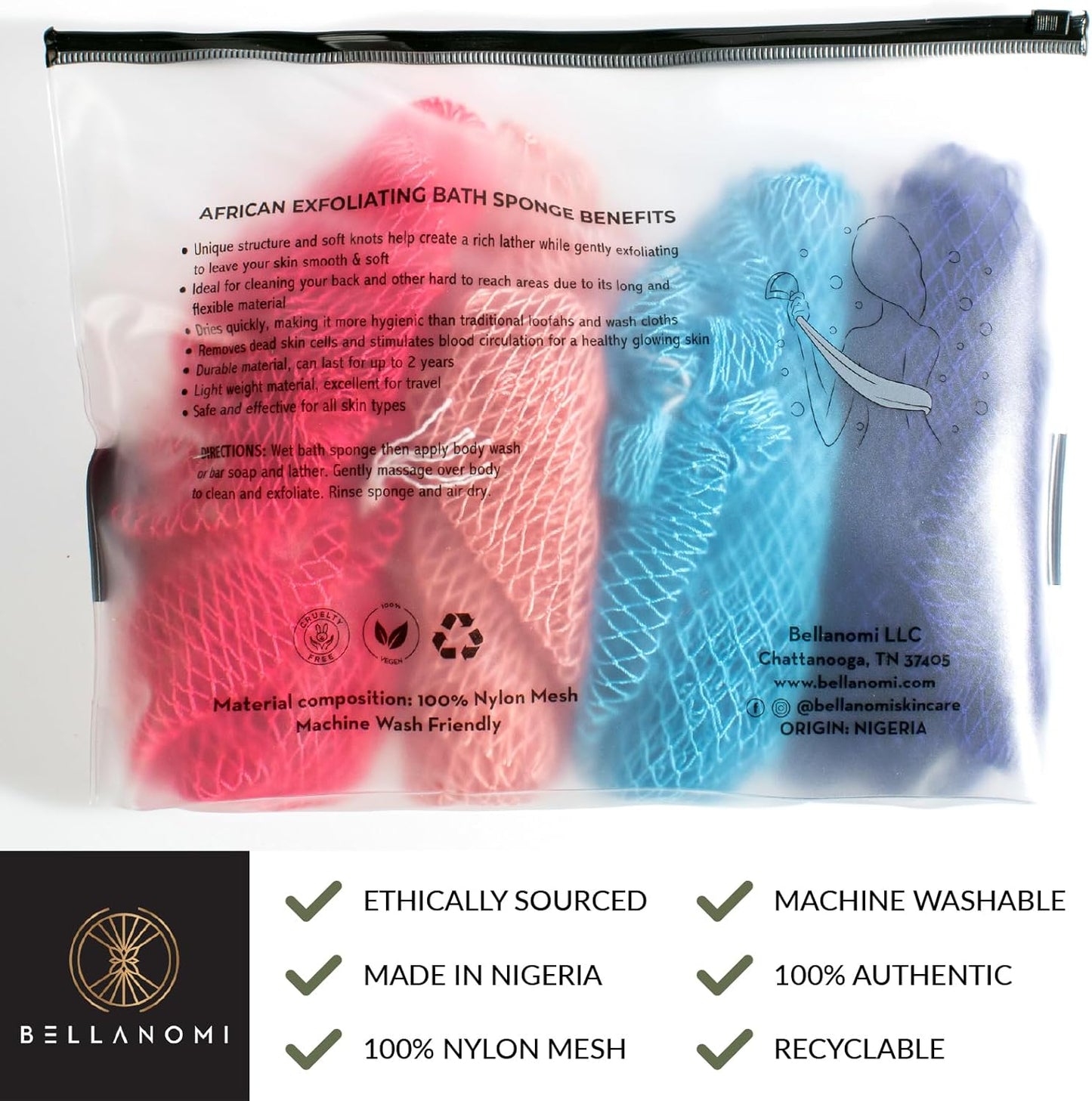 4-Piece Set African Exfoliating Bath Net / Long Bath Sponge