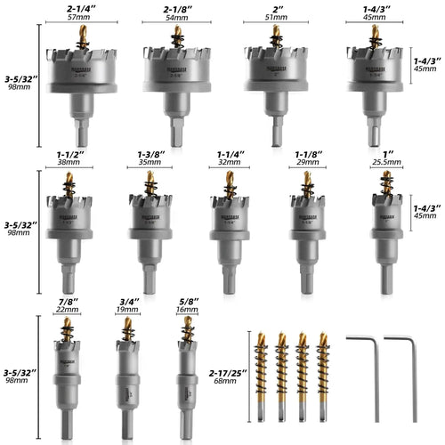 Carbide TCT Hole Saw Kit 5/8"-2-1/4" for Precision Cutting Stainless Steel Iron Copper Brass