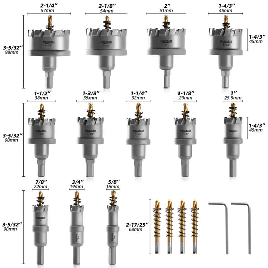 Carbide TCT Hole Saw Kit 5/8"-2-1/4" for Precision Cutting Stainless Steel Iron Copper Brass